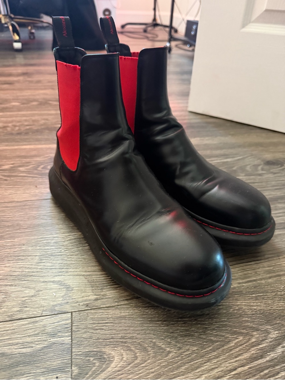 Alexander McQueen Black Leather Chukka Boots with Red Elastic Panels